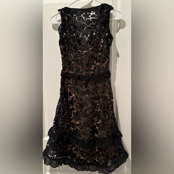 NWT MICHAEL MICHAEL KORS Sequined Lace Ruffle-Trim Dress Black Over Nude - Picture 3 of 10